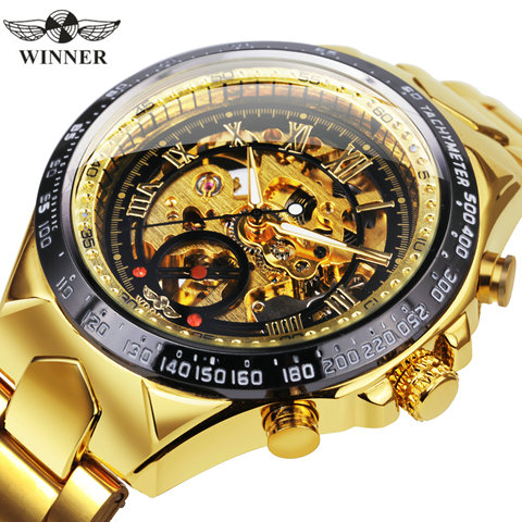 WINNER Official Fashion Luxury Men's Mechanical Skeleton Watch Big Metal Strap Top Brand Dropship Retro Wristwatches Golden +BOX ► Photo 1/6