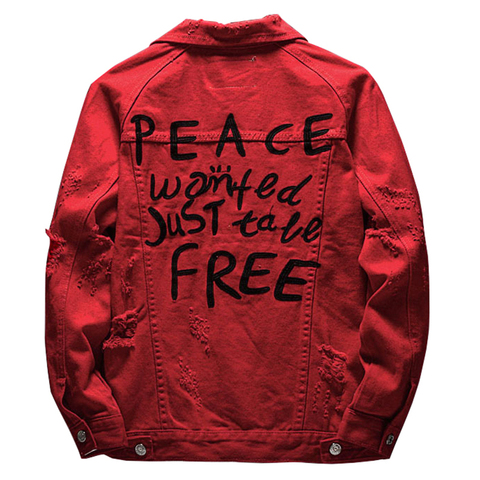 Sokotoo Men's letters embroidered red jean jacket Holes ripped denim coat Outerwear ► Photo 1/6