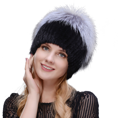 JINBAOSEN Women's winter mink fur hat real silver fox fur warm ski cap natural fur knit fur cap brand fashion Russian style ► Photo 1/6