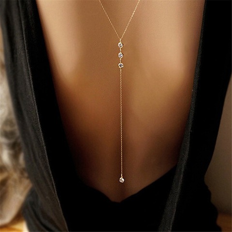 Sexy Summer Women Long Necklace Body Chain Bare Back Gold Crystal Pendant Necklace Beach Body Jewelry Wedding Dress ► Photo 1/6