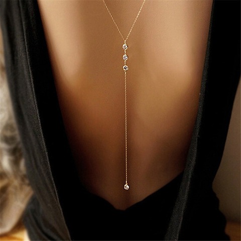 Sexy Summer Women Long Necklace Body Chain Bare Back Gold Crystal