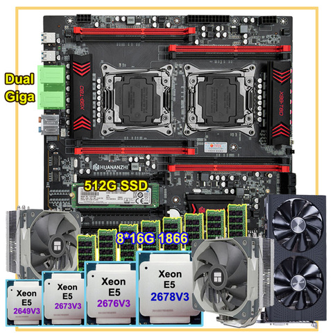 HUANANZHI dual X99 motherboard combos DIY dual CPU E5 2678 V3 2676 V3 RAM 128G(8*16G) 1866 RECC 512G SSD video card RX580 8G ► Photo 1/6