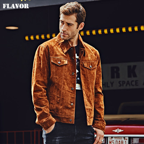 FLAVOR New Men's Genuine Leather Jacket Pigskin Brown Real Leather Jackets Autumn Denim Men Coat ► Photo 1/6