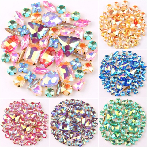 Gold claw setting 50pcs/bag shapes mix jelly candy AB colors glass crystal sew on rhinestone wedding dress shoes bags diy ► Photo 1/6
