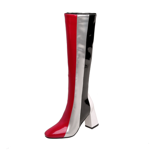 Round Toe Thick Heel Color-Block Patent Leather Knee-Length Boots Stitching Block White Color-Block Red Bright Leather Boots ► Photo 1/6