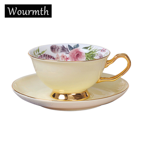 Wourmth Bone china Coffee Cups &Saucer Set Exquisite Gold Rim Tea Water Cups Beautiful Flower Teacup Ceramic Kitchen Accessories ► Photo 1/6