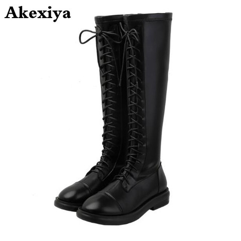2022 top quality Genuine  leather +flock knee high boots women lace up zip autumn winter boots woman square heels shoes ► Photo 1/5