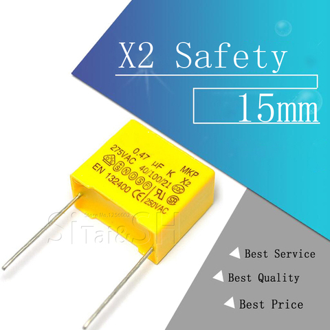 10pcs X2 Safety capacitor 15mm 275VAC 275V 0.022UF 0.047UF 0.1UF 0.15UF 0.22UF 0.33UF 0.47UF 0.68UF 1UF Polypropylene film ► Photo 1/5