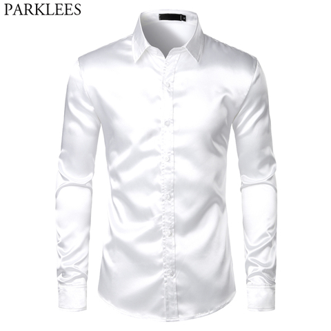 White Silk Satin Tuxedo Shirt Men 2022 Brand Long Sleeve Fitted Mens Dress Shirts Wedding Party Dance Male Casual Shirt Chemise ► Photo 1/6