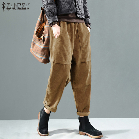 Women Autumn Elastic Waist Corduroy Pants Solid Long Trousers ZANZEA Vintage Corduroy Harem Pants Loose Turnip Pantalon Casual ► Photo 1/6