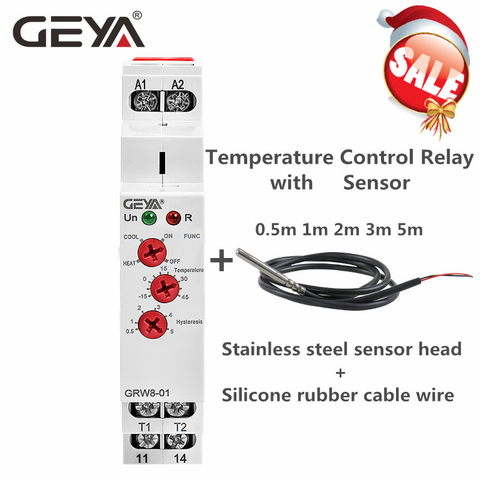 GEYA GRW8-01/02 Din Rail Temperature Monitoring Relay 16A Wide Range Voltage  AC/DC24-240V with Waterproof Sensor ► Photo 1/6