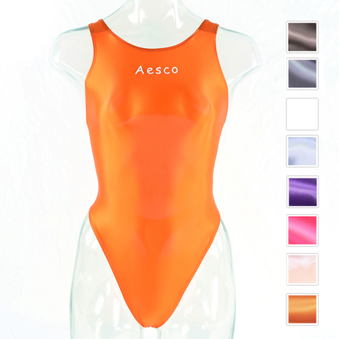 Aesco Women Oil Shiny Glossy One Piece Bodysuit High Cut T-string Bathing  Suit