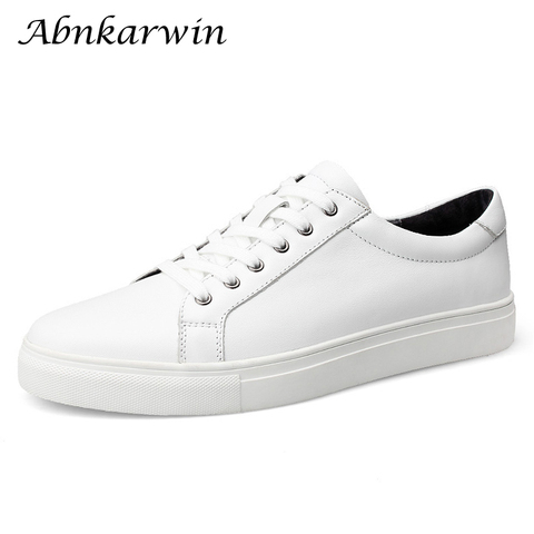 Abnkarwin Casual Solid Mens White Shoes Genuine Leather Sneakers Black Flats Breathable Plus Size 48s 49s 50s ► Photo 1/6