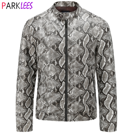 Sexy Snake Pattern PU Leather Jacket Men Brand Stand Collar Motorcycle Biker Faux Leather Mens Jackets Coats Chaquetas Hombre ► Photo 1/6