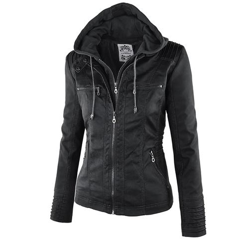 2022 Fashion Winter Faux Leather Jacket Women's Basic Jackets Hooded Black Slim Motorcycle Jacket Women Coats Female XS-7XL 50 ► Photo 1/6