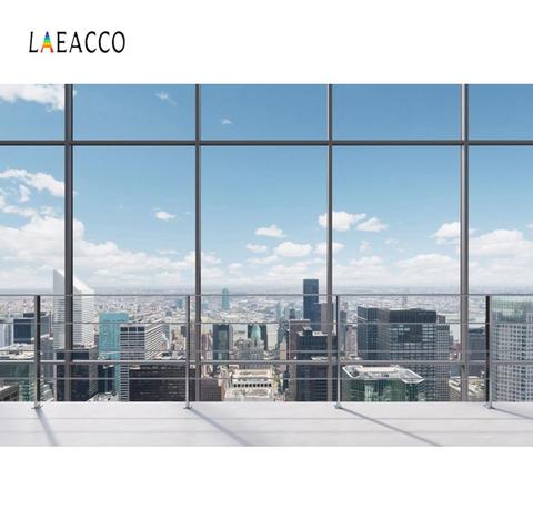 Laeacco Modern City Office View Room Blue Sky Cloudy French Window Sunny Scene Photography Background Photo Backdrop Photostudio ► Photo 1/6