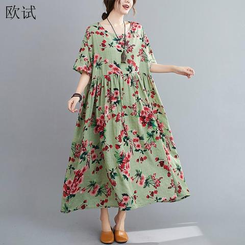 Plus Size Floral Summer Beach Dress Korean Cotton Ladies Dresses for Women 4XL 5XL 6XL Vintage Print Oversized Long Dress 2022 ► Photo 1/6