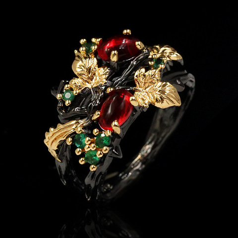 New Exquisite Leaf Flower Color Zircon Ladies 925 Silver Ring Jewelry Black Gold Two-color Red Zircon Ring Ladies Ring ► Photo 1/5