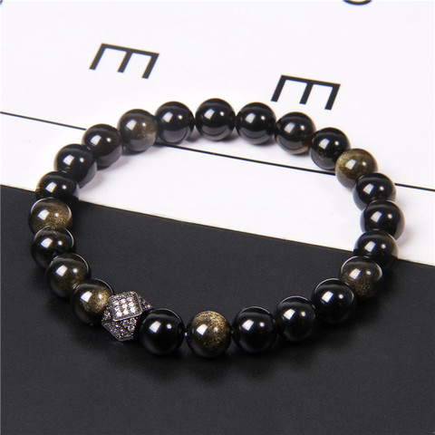 High Quality Natural Black Tourmaline Obsidian Beads Bracelet Fashion CZ Metal Square Charm Bracelet Jewelry for Women Men Gifts ► Photo 1/6