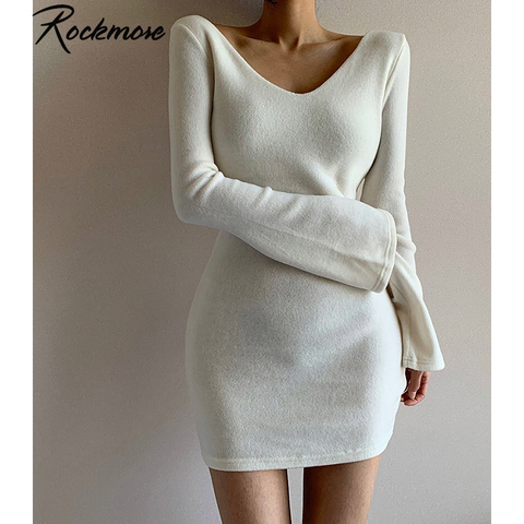 Rockmore Deep V-neck Sexy Mini Dress Women Skinny Long Flare Sleeve Above Knee Dresses Streetwear Solid Pure Basic Dress Party ► Photo 1/6