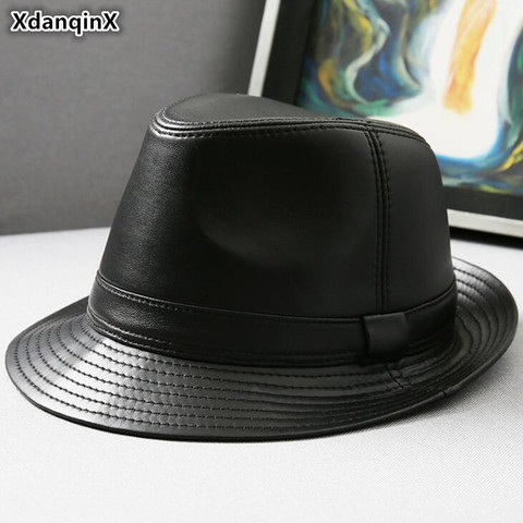 XdanqinX Real Genuine Leather Hat Men's Sheepskin Leather Fedoras Autumn Winter Men Jazz Hats Fashion Trend Brands Leather Caps ► Photo 1/6