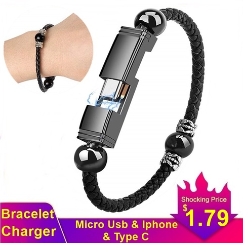 Leather Portable Micro USB Bracelet Phone Charger Type C Charging Data Sync Carregador Portatil For Samsung S20 S10 Iphone 11 ► Photo 1/6