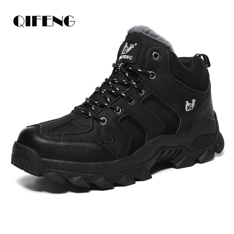 Large Size Winter Outdoor Ankle Boots Men Snow Warm Fur Sneakers Leather Cowboy Footwear Work Hiking Trekking Shoes Black Sole ► Photo 1/6