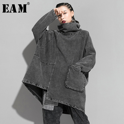 [EAM] Loose Fit Black Denim Oversized Sweatshirt New High Collar Long Sleeve Women Big Size Fashion Spring Autumn 2022 1K166 ► Photo 1/6