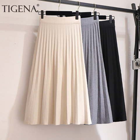 TIGENA Elegant Midi Pleated Knitted Skirt Women 2022 Autumn Winter Korean Knee Length a line High Waist Skirt Female Ladies ► Photo 1/6