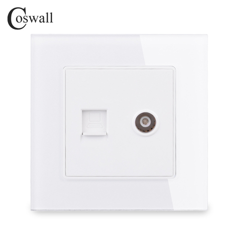 COSWALL Crystal Tempered Glass Panel Wall Socket Female TV Connector With CAT5E RJ45 Internet Computer Data Jack C1 Series ► Photo 1/6