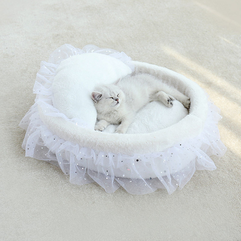 Round Cat Bed House Soft Lace Princess Cat Mat Bedding Kennels Nest Cushion Pet Sofa Cushion Portable Pets Sleeping Supplies ► Photo 1/6