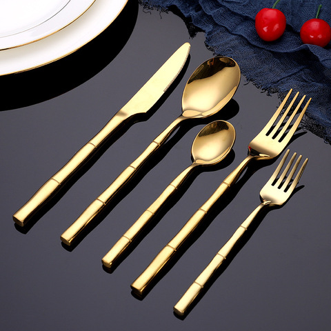 KuBac Hommi Cutlery Set Stainless Steel Steak Knife Fork Bamboo Design Golden Dinnerware Set Silver Cutlery Set 24pcs ► Photo 1/6