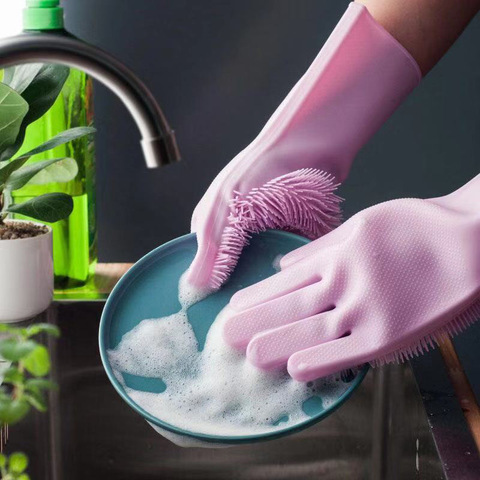 1Pair Magic Silicone Rubber Dish Washing Gloves Scrubber Home Cleaning Scrubbing