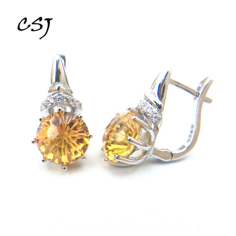 CSJ Citrine quartz gemstone noble good Earring Sterling 925 Silver Round8.0 4Ct football cut Fine Jewelry For Women Lady Gift ► Photo 1/6