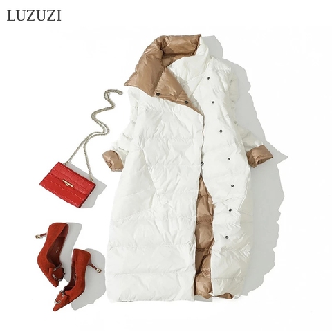 LUZUZI 2022 Women Double Sided Down Long Jacket Winter Turtleneck White Duck Down Coat Double Breasted Warm Parkas Snow Outwear ► Photo 1/6