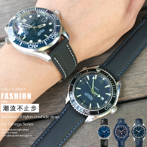 19/20mm 21/22mm Canvas Leather Bottom Watch Band Replacement For Omega Seamaster 300 Planet-Ocean Seiko Nylon Strap For Hamilton ► Photo 1/6