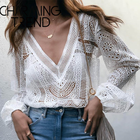 Chic lace hollow women ’s blouse 2022 spring summer deep V sexy long-sleeved top elegant female vacation see-through top white ► Photo 1/6