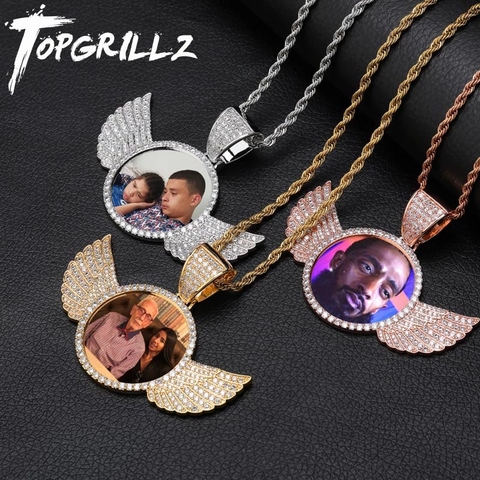 TOPGRILLZ Gold Custom Made Photo With wings Medallions Necklace & Pendant 4mm Tennis Chain Cubic Zircon Men's Hip hop Jewelry ► Photo 1/6