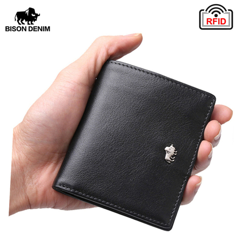 BISON DENIM Short Wallets Men Genuine Leather RFID Blocking Wallet Men Coin Pocket Card Holder Designer Purse Mini W9317 ► Photo 1/6
