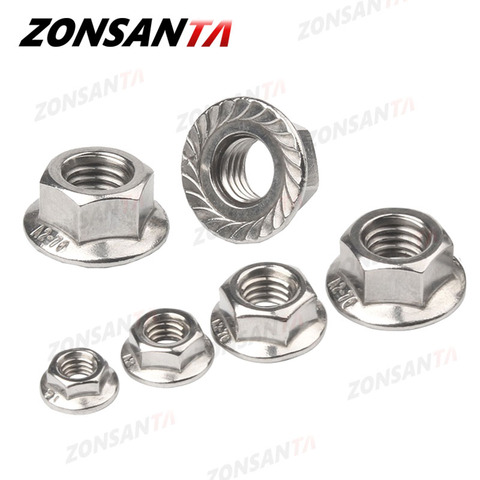 ZONSANTA Hexagon Flange Nut 304 Stainless Steel Hexagon M3 M4 M5 M6 M8 M10 M12 M16 M20 DIN6923 Pinking Slip Locking Lock Nuts ► Photo 1/6