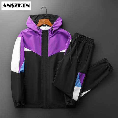 New Men's Casual Fitness Outdoor Patchwork Hoodied Sweatshirt + Sweatpants Sports Leisure Zipper Suit Sports Running Hoodie Set ► Photo 1/6