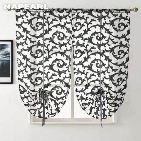 Short kitchen curtain modern window treatment tie up balloon curtain home textile sheer curtain panel tulle white black jacquard ► Photo 1/6