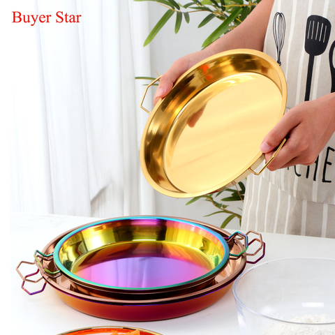 1PC Stainless Steel Round Cake Pan Pizza Baking Tray Thick Cold Noodle Making Tools Serving Food Kitchen Tray With Double Handle ► Photo 1/6