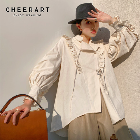 CHEERART Spring 2022 Cotton Lantern Sleeve Designer Shirt Long Sleeve Beige Stand Collar Tie Fashion Women Top And Blouse ► Photo 1/1