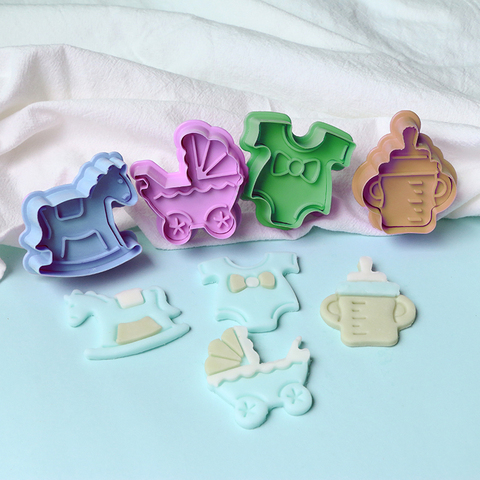 4pcs Baby Toys 3D Baby Stroller Trojan Bottle Cookies Mold Biscuit Stamp Gift Toast Mold Fondant Decorating Tools ► Photo 1/6