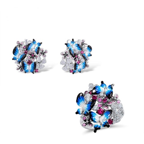 New Design Ladies Flower Butterfly Silver Jewelry Set Elegant Blue Enamel Shinning Zircon Ring Earrings Set for Wedding Banquet ► Photo 1/6