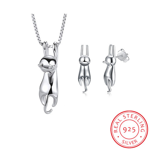 Wedding Bridal Jewelry Sets for Women 925 Sterling Silver Cute Cat Earrings Long Chain Necklaces Pendant Party Gifts ► Photo 1/6