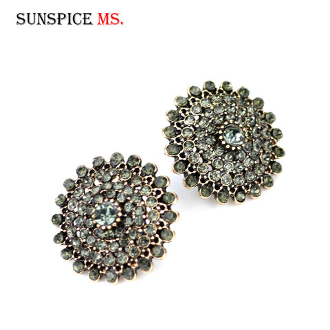 SUNSPICEMS Vintage Arabic Gray Rhinestone Stud Earring for Women Bohemia Ethnic Wedding Jewelry Round Punk Earring Wholesale New ► Photo 1/6