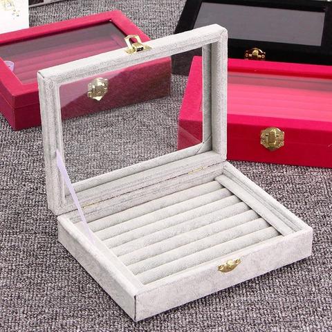 Velvet Jewelry Wood Ring Display Organizer Box Tray Holder Earring Storage Case