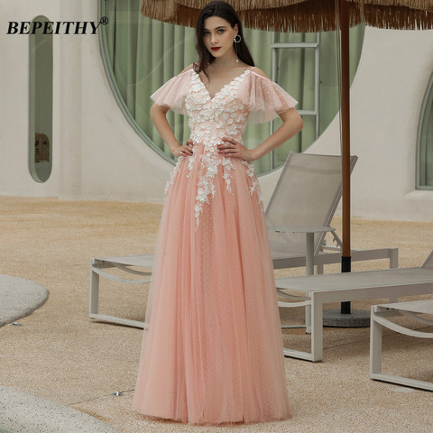 BEPEITHY New V Neck Coral Evening Dress Long Party For Women Detachable Sleeves A-Line Floor Length Prom Gown 2022 Formal ► Photo 1/6